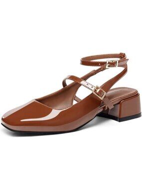 Women's Mary Jane Chunky Low Heels Closed Square Toe Ankle Strap Pumps Brown